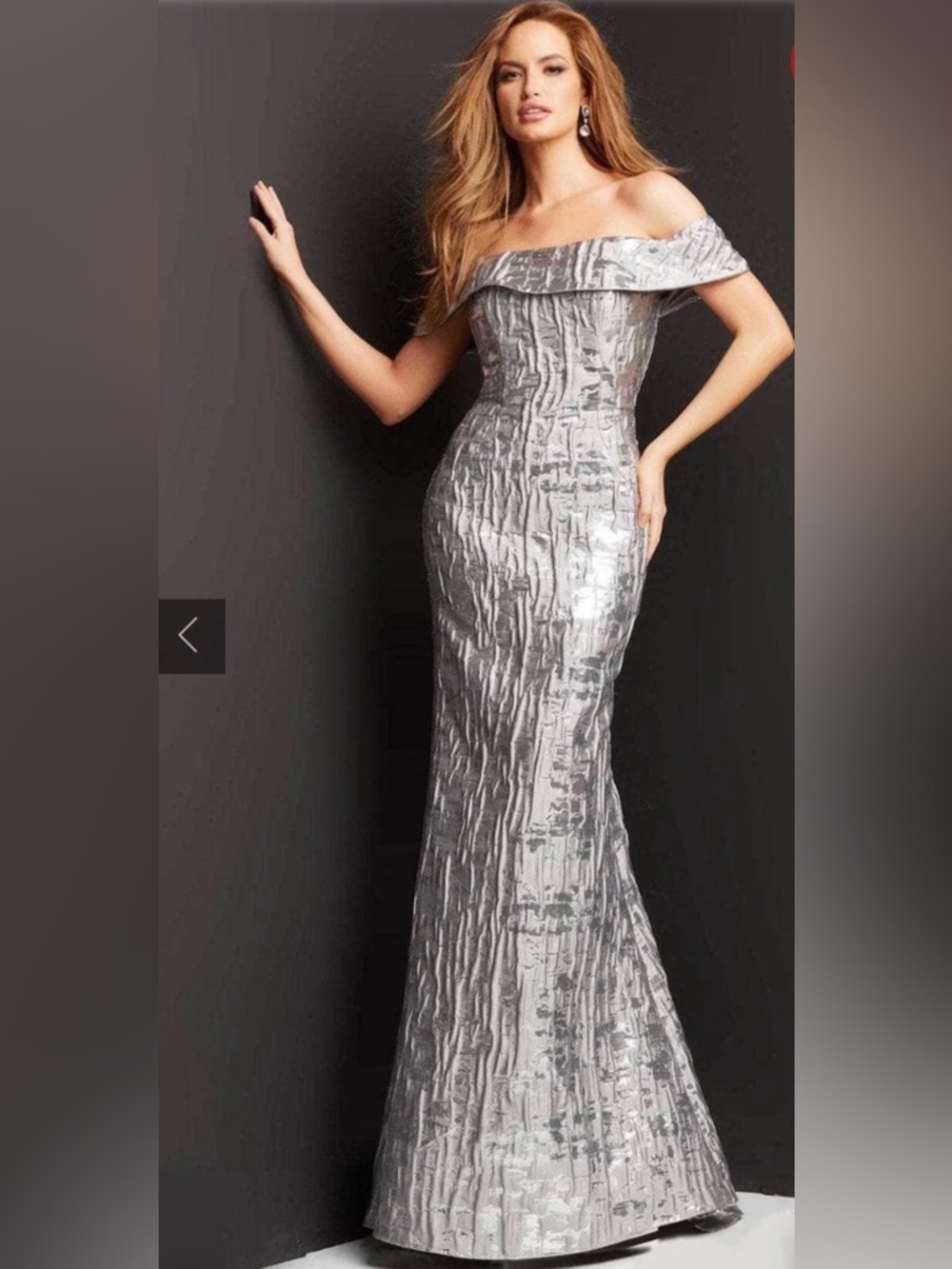 Jovani 06624 Offshoulder Straight Across Neck Evening Gown. Silver/Grey. Size 6.